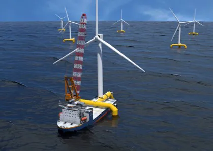 Offshore wind turbine installation ship in ocean.