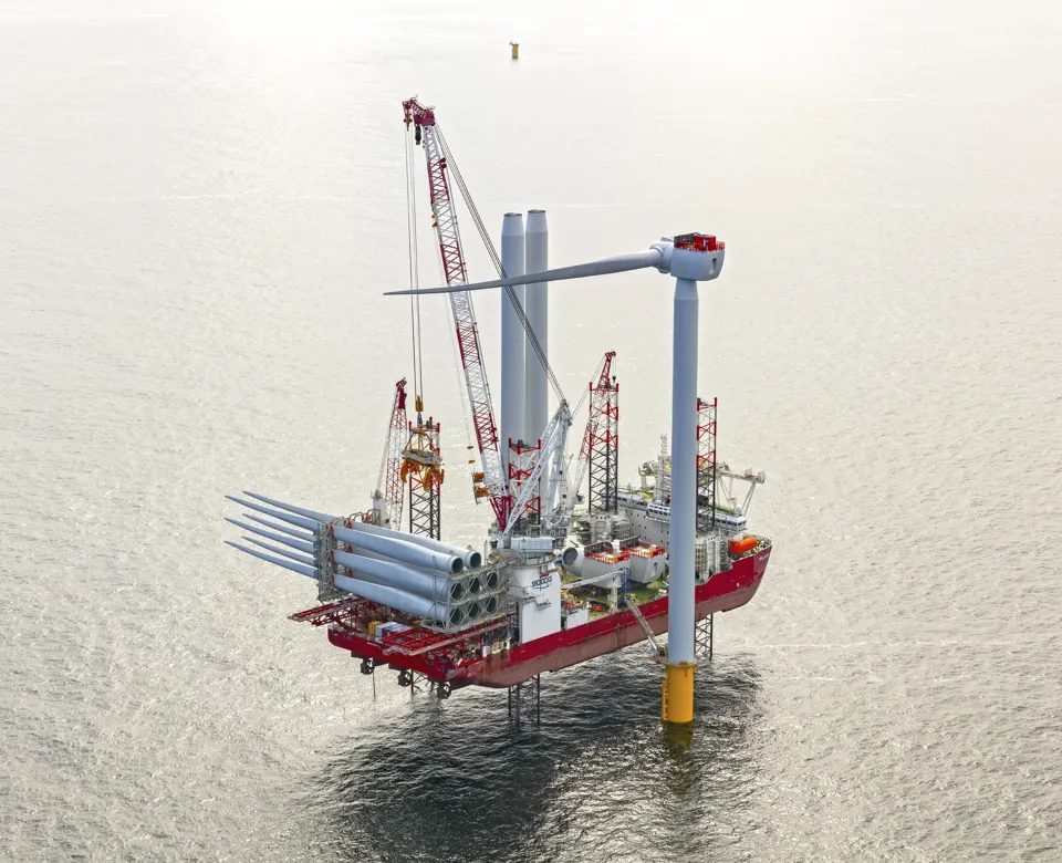 Offshore wind turbine installation platform at sea.