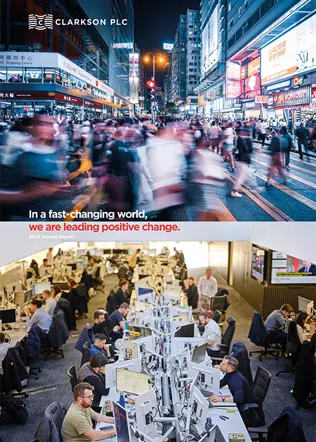  Split image: bustling city street at night (top) and office environment with people working at computers (bottom). 