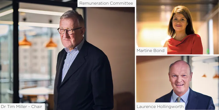 Professional portrait of three people, including Dr. Tim Miller (Chair), near a window with a city view.
