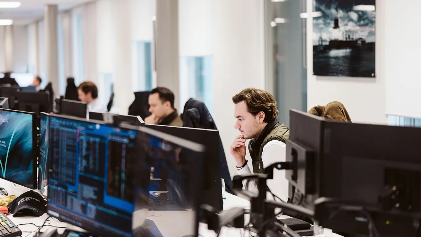 Office setting with professionals using computers.