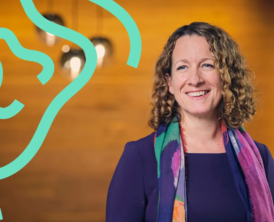 woman smiling, green graphic background