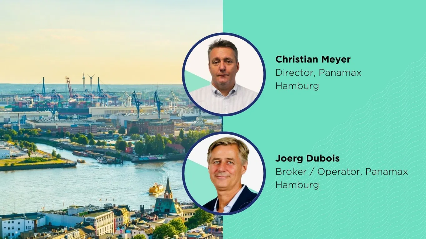 Harbor scene with cranes and ships, featuring two circular professional portraits on light green background.