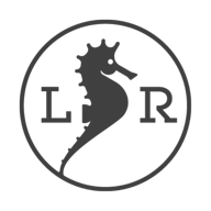 Circular monochromatic logo with a stylised seahorse and letters "L" and "R."