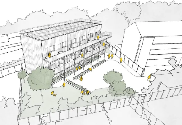 stylised illustration of a two-story building with balconies, surrounded by trees and abstract figures.