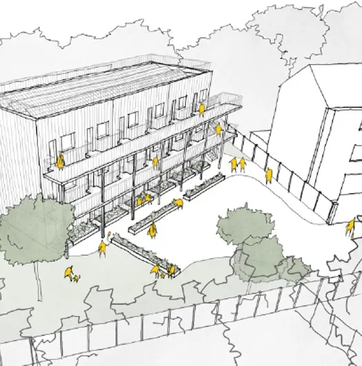 stylised illustration of a two-story building with balconies, surrounded by trees and abstract figures.