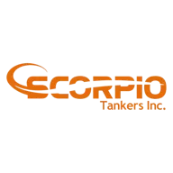 Logo for Scorpio Tankers Inc. with large orange "Scorpio" text on a black background.