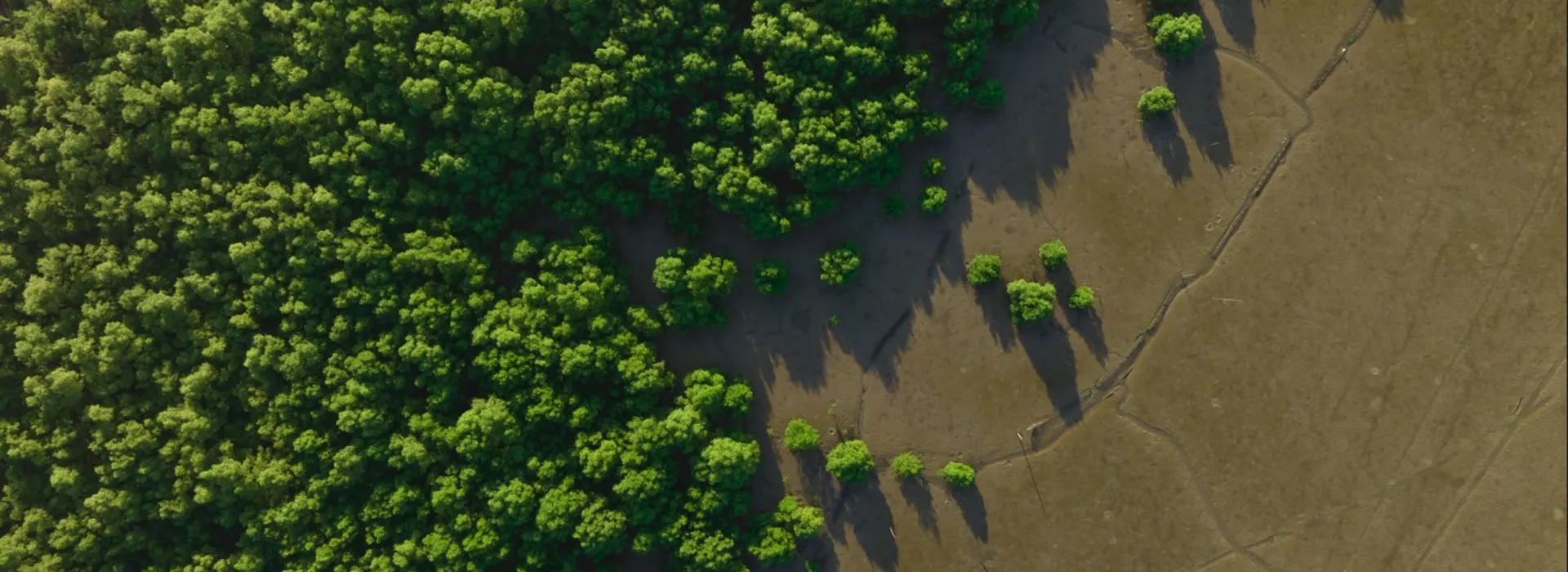 Aerial view of a lush green forest transitioning to barren brown landscape.