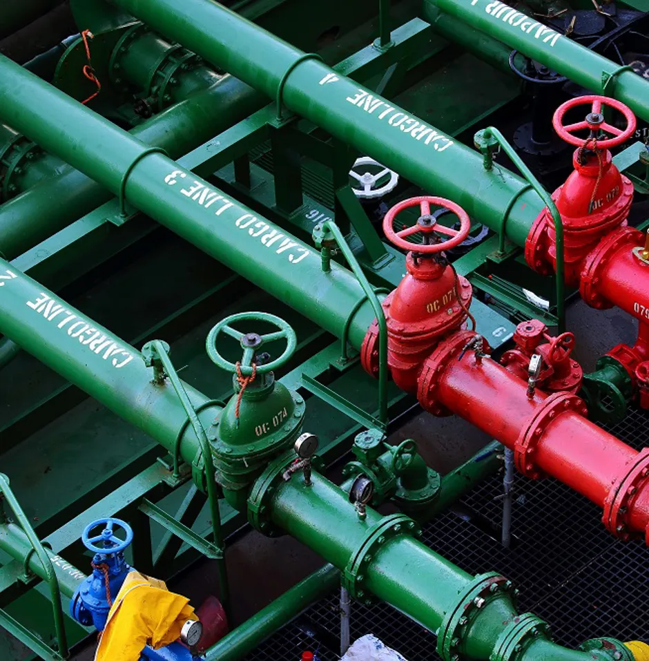 Colorful industrial pipes and valves.